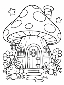Free printable magic mushroom house coloring page featuring a large spotted mushroom cottage surrounded by flowers, smaller mushrooms and garden details.