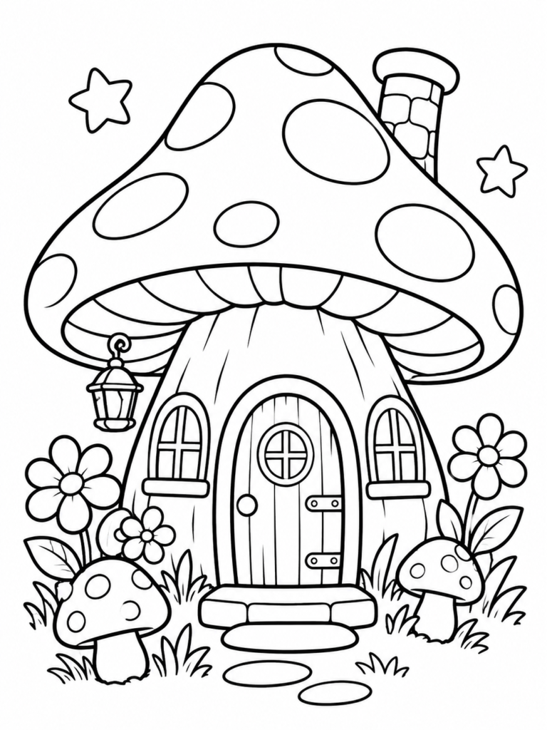 Free printable magic mushroom house coloring page featuring a large spotted mushroom cottage surrounded by flowers, smaller mushrooms and garden details.