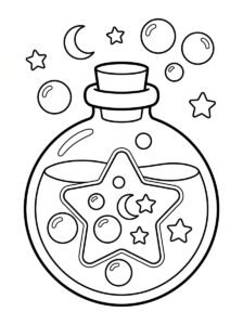 Free printable magic potion bottle coloring page featuring a large potion bottle decorated with stars, a crescent moon and magical bubbles.