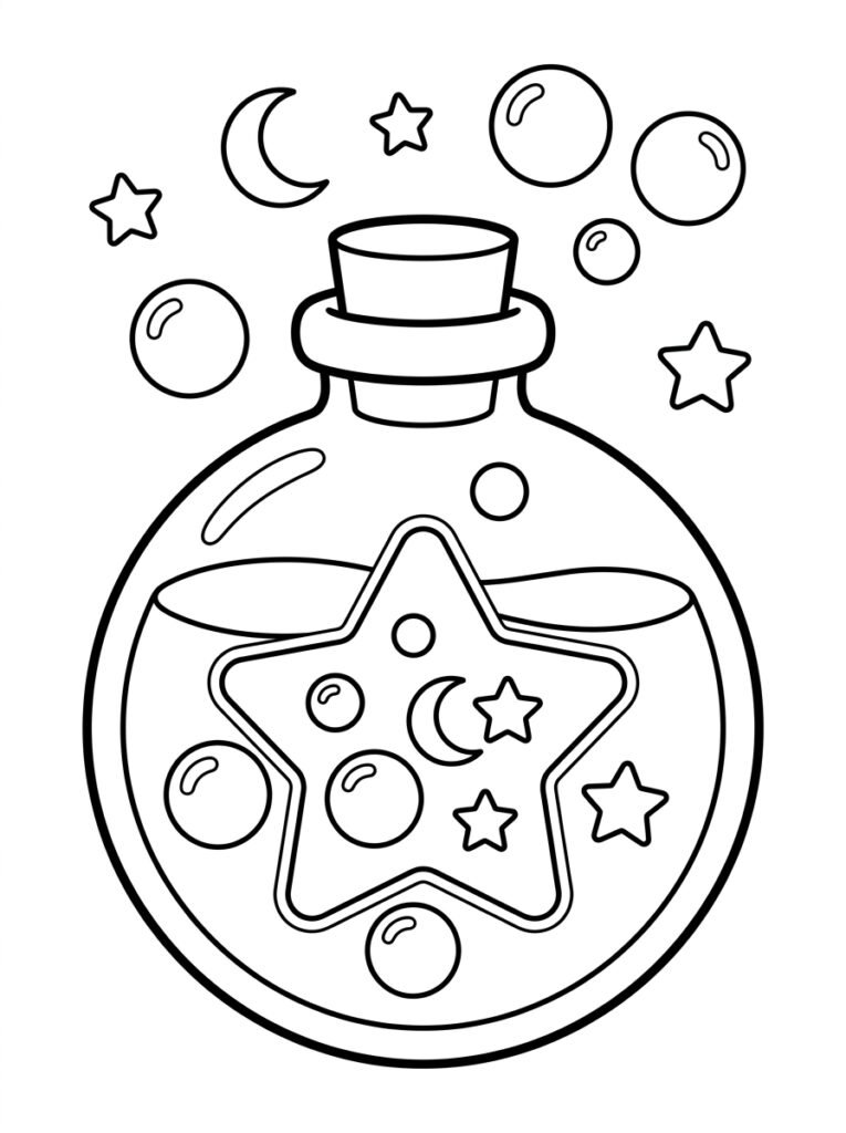 Free printable magic potion bottle coloring page featuring a large potion bottle decorated with stars, a crescent moon and magical bubbles.