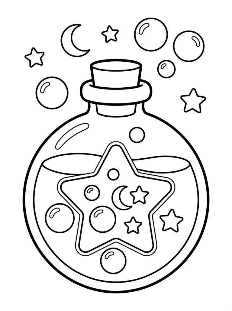Free printable magic potion bottle coloring page featuring a large potion bottle decorated with stars, a crescent moon and magical bubbles.