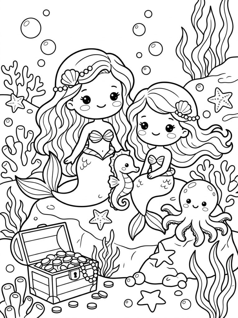 Free printable mermaid friends coloring page featuring two cute mermaids with a seahorse, octopus, treasure chest, coral and starfish underwater.