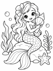 Free printable mermaid coloring page featuring a mermaid sitting on an underwater rock holding large seashells with bubbles, sea plants and a starfish.