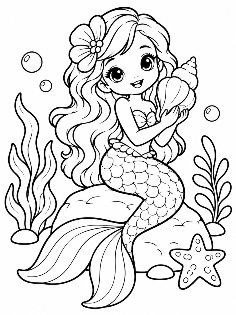 Free printable mermaid coloring page featuring a mermaid sitting on an underwater rock holding large seashells with bubbles, sea plants and a starfish.