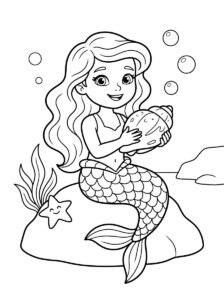 Free printable mermaid coloring page featuring a mermaid sitting on a rock holding a large seashell with bubbles, sea plants and a starfish.