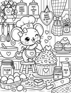 Free Mouse Baking a Cupcake Coloring Page