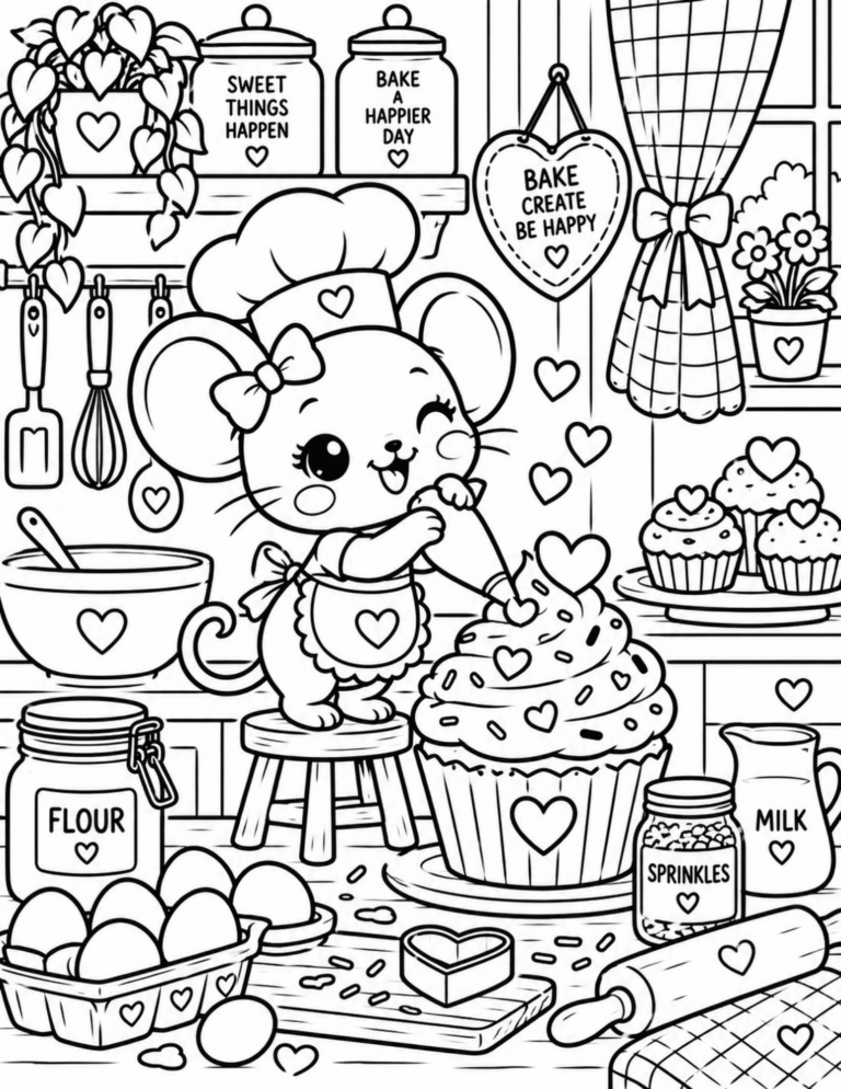Free Mouse Baking a Cupcake Coloring Page