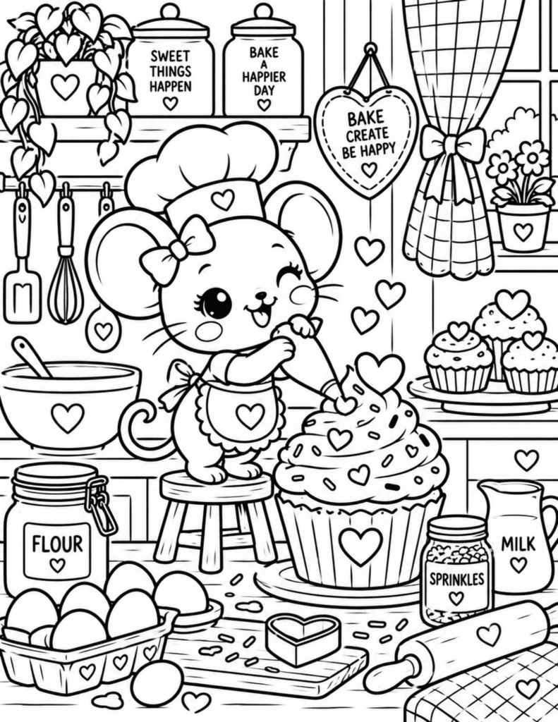 Free Mouse Baking a Cupcake Coloring Page