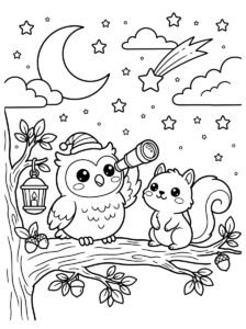Free printable owl and squirrel stargazing coloring page featuring woodland friends with a telescope beneath a crescent moon, stars and shooting star.