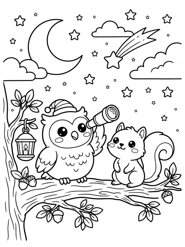 Free printable owl and squirrel stargazing coloring page featuring woodland friends with a telescope beneath a crescent moon, stars and shooting star.