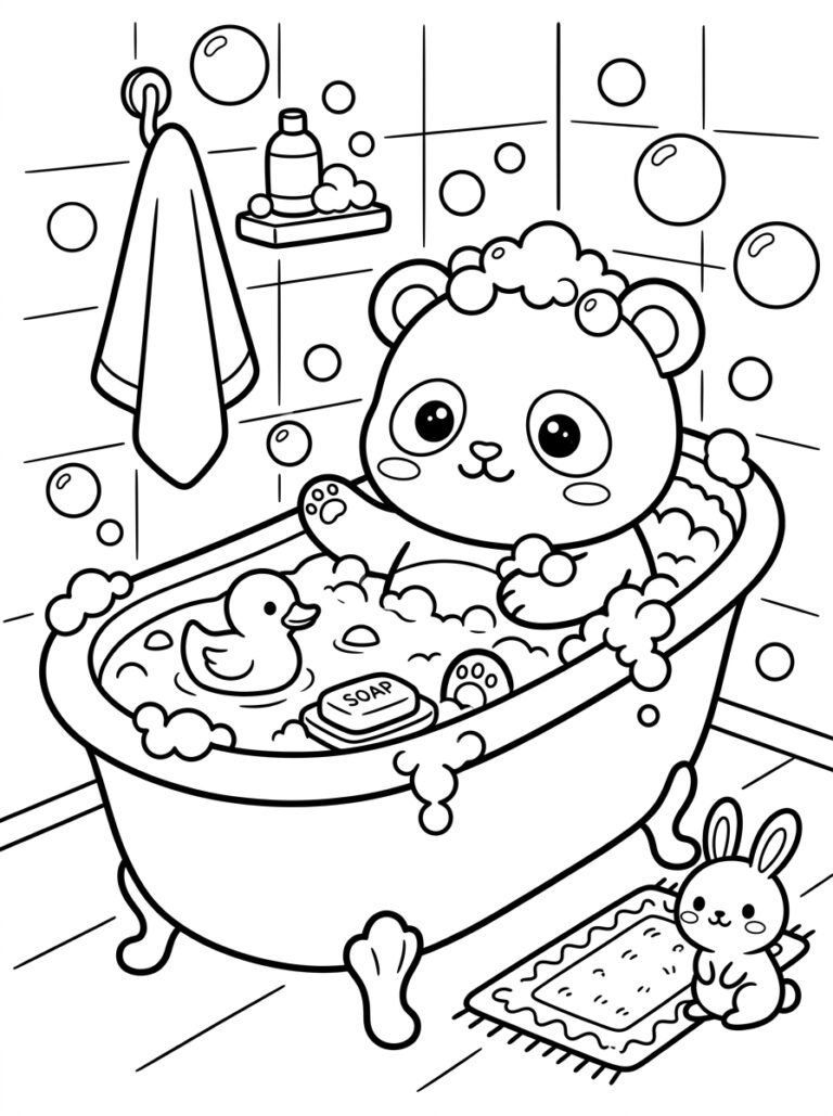 Free printable panda bath time coloring page featuring a cute panda in a bubble bath with a rubber duck, soap, towel and little bunny.