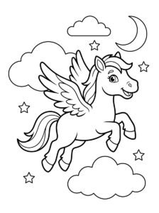 Free printable Pegasus coloring page featuring a cute winged horse flying among fluffy clouds, stars and a crescent moon.