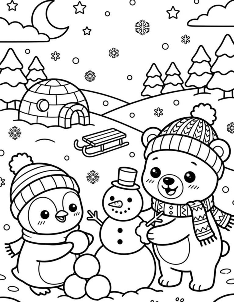 Free printable penguin and polar bear snow day coloring page featuring cute winter animals building a snowman with an igloo, sled and snowy pine trees.