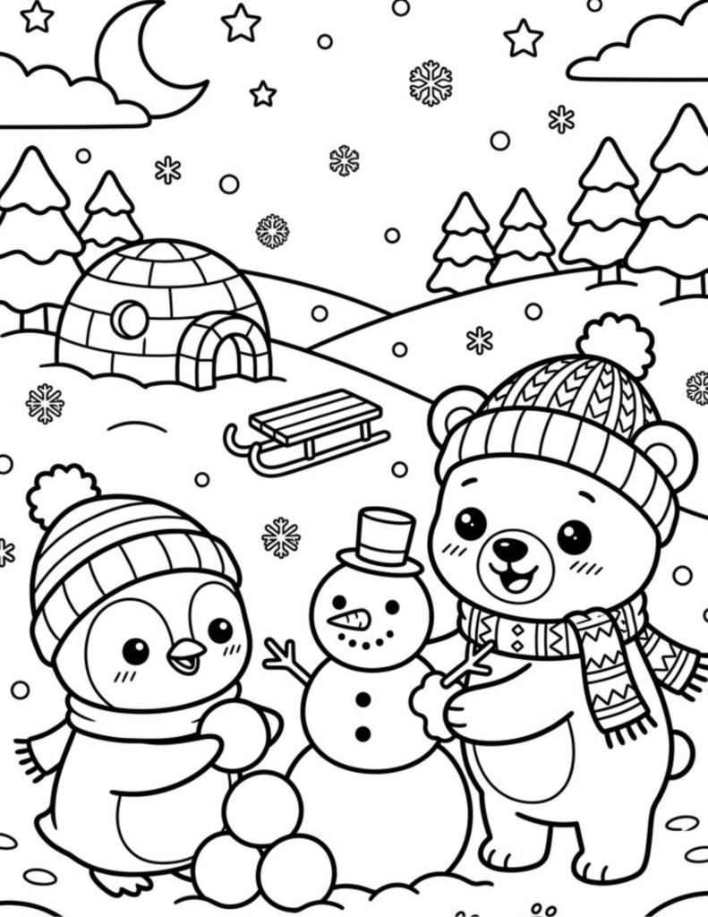 Free printable penguin and polar bear snow day coloring page featuring cute winter animals building a snowman with an igloo, sled and snowy pine trees.