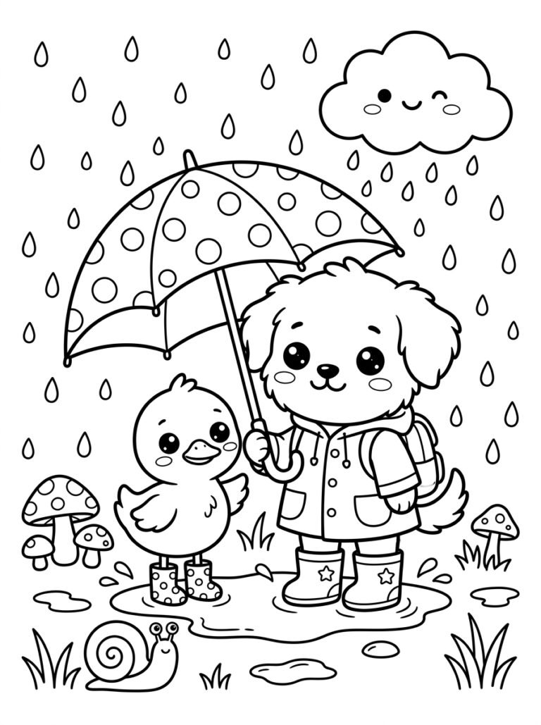 Free printable puppy and duck rainy day coloring page featuring a cute puppy with an umbrella, raincoat and boots beside a duck in a rainy puddle scene.