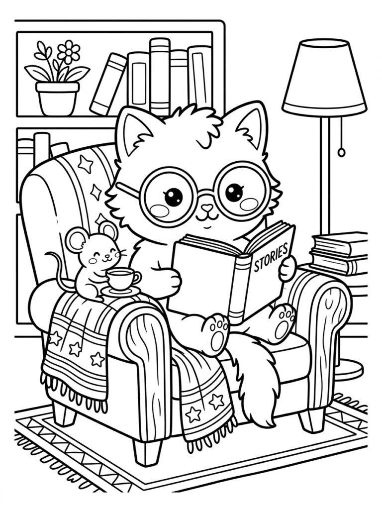 Free printable reading cat coloring page featuring a cute cat with glasses reading a storybook in a cozy armchair beside a tiny mouse with a teacup.