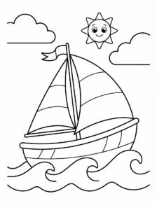 Free printable sailboat coloring page featuring a large sailing boat on ocean waves with clouds and a smiling sun.