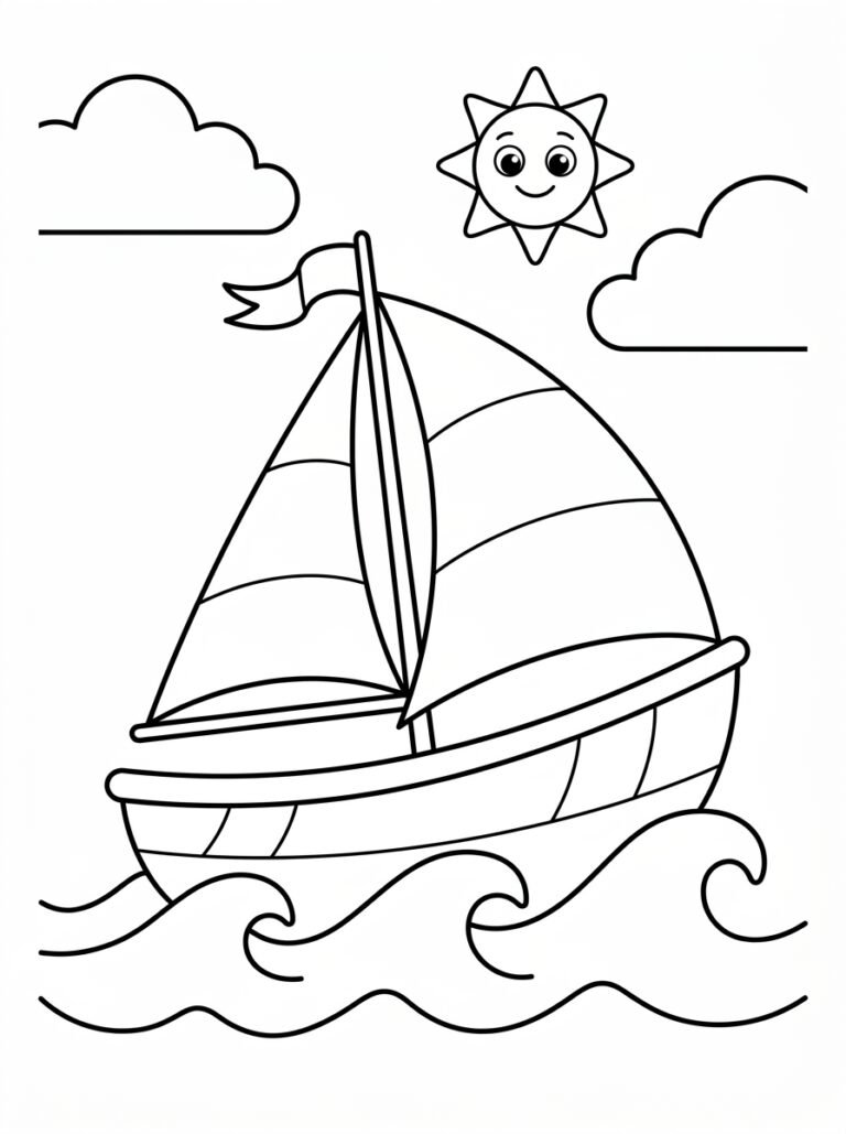 Free printable sailboat coloring page featuring a large sailing boat on ocean waves with clouds and a smiling sun.