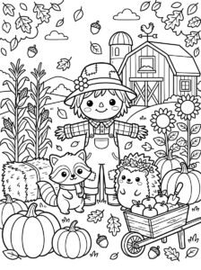 Free printable scarecrow and woodland animals fall coloring page with a raccoon, hedgehog, pumpkins, sunflowers, corn, apples and barn.