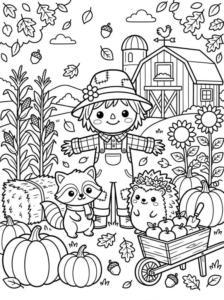 Free printable scarecrow and woodland animals fall coloring page with a raccoon, hedgehog, pumpkins, sunflowers, corn, apples and barn.