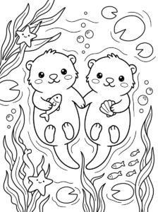 Free printable sea otters coloring page featuring two cute otters swimming underwater with a fish, seashell, starfish, lily pads and aquatic plants.