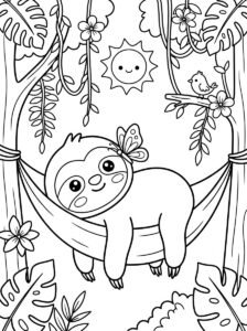 Free printable sloth in a hammock coloring page featuring a cute sloth relaxing among tropical leaves, flowers, vines, a butterfly and little bird.