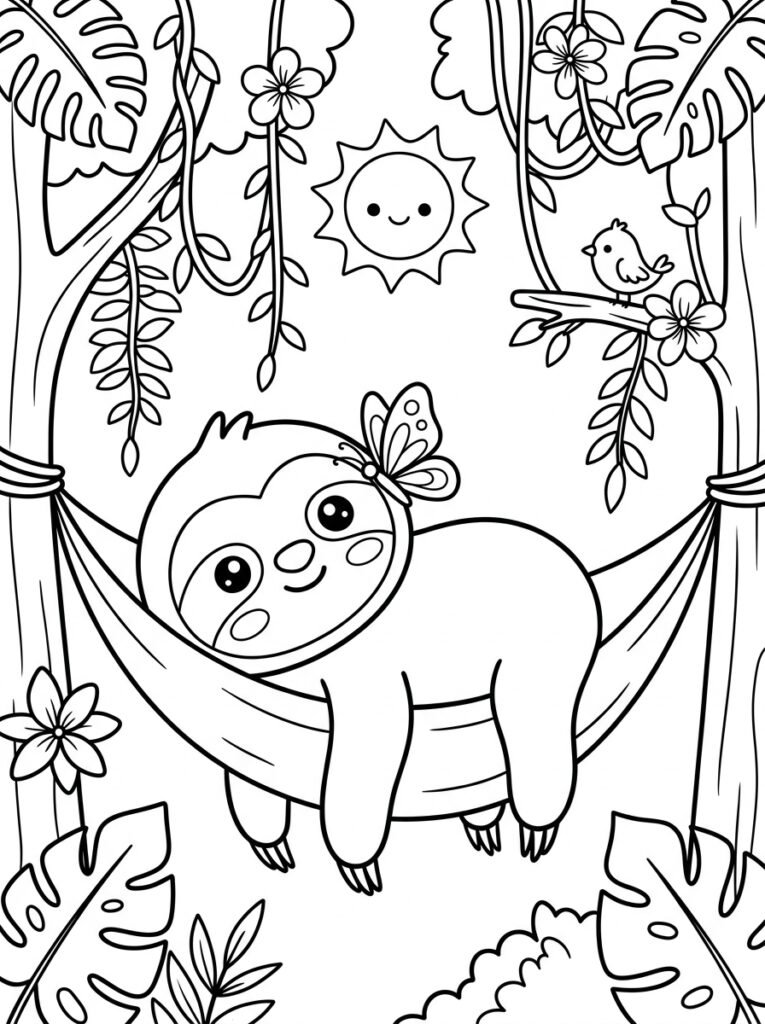 Free printable sloth in a hammock coloring page featuring a cute sloth relaxing among tropical leaves, flowers, vines, a butterfly and little bird.