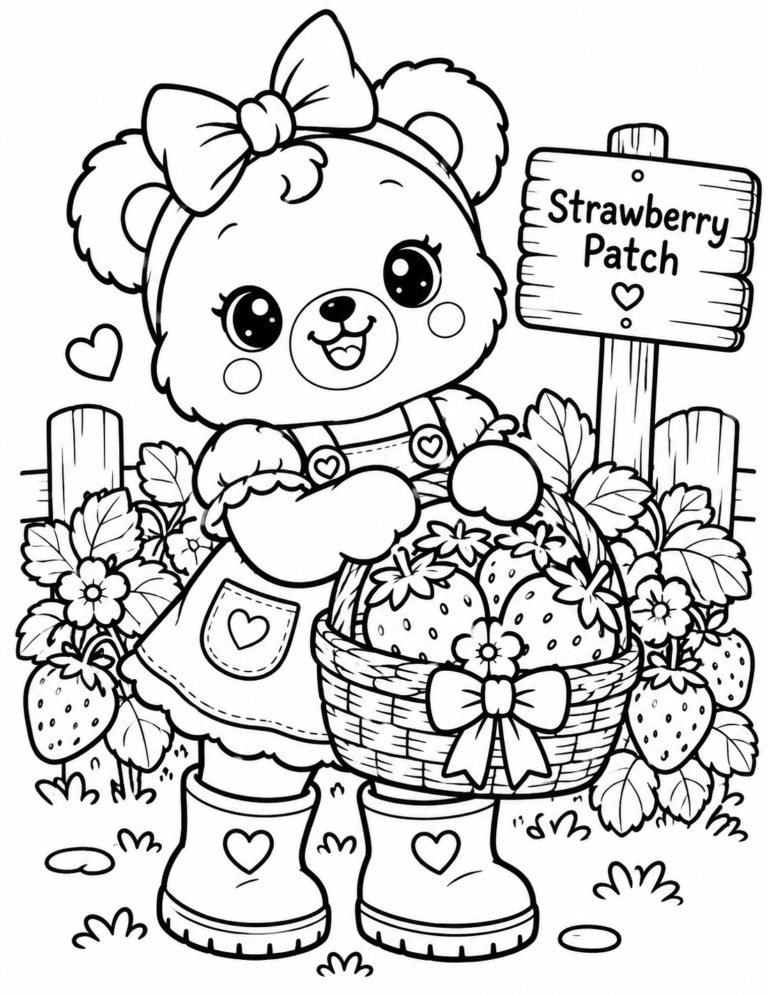 Free Strawberry Picking Bear Coloring Page