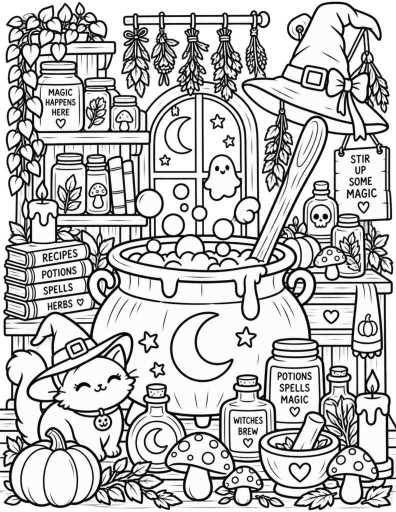 Pumpkins, ghosts, potions and plenty of cozy Halloween magic! 🎃👻 Download our free 20-page Halloween Bold & Easy Coloring Book featuring cute, family-friendly US Letter coloring pages for spooky season.