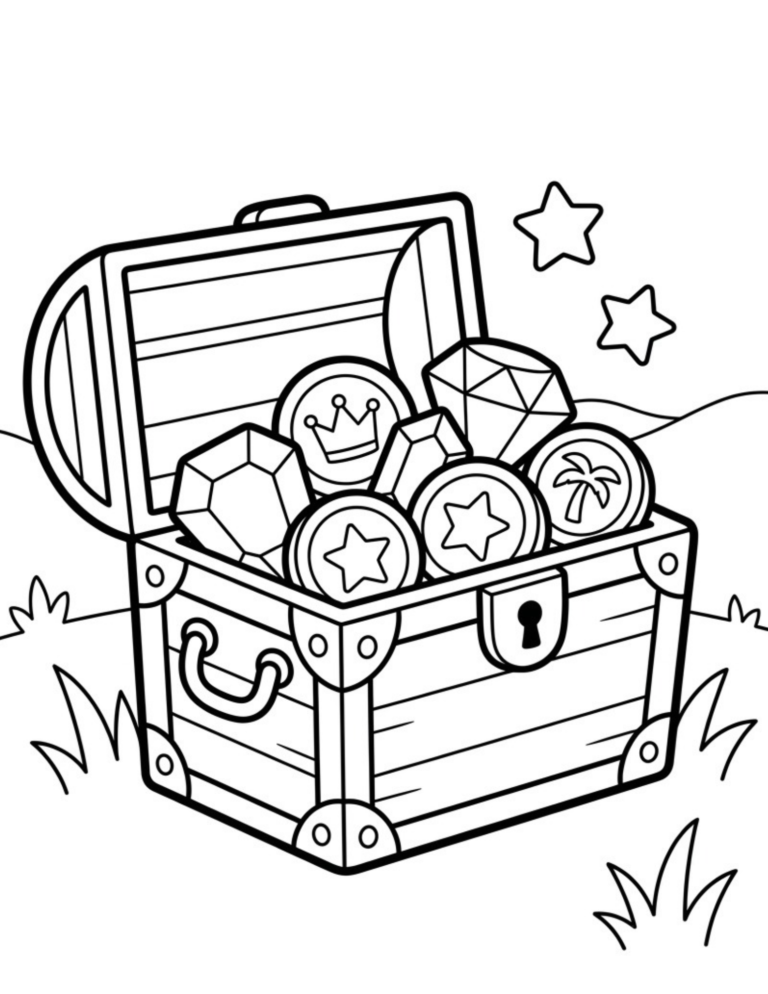 Free printable treasure chest coloring page featuring an open chest filled with large coins, gems and sparkling jewels.