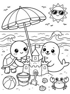 Free printable turtle and seal beach coloring page featuring cute sea animals building a sandcastle with an umbrella, beach ball, shells and crab.