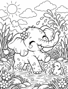 Free printable baby elephant splashing coloring page featuring a happy elephant playing in a pond with a duckling, reeds, flowers and water splashes.