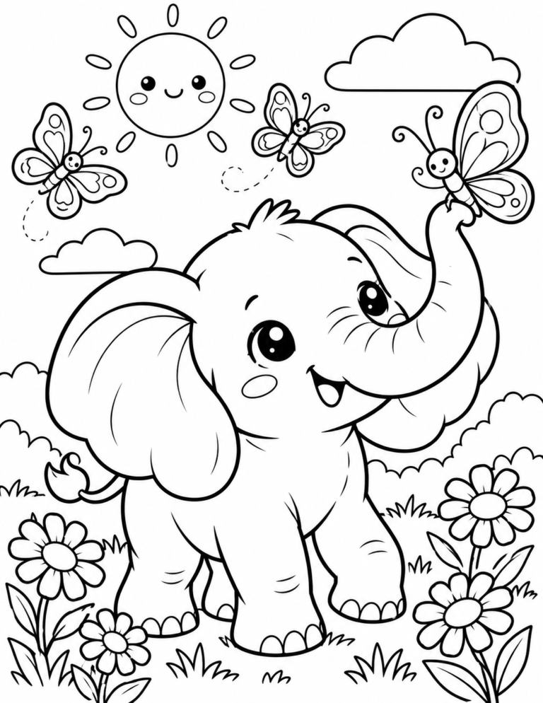 Free printable baby elephant and butterflies coloring page featuring a cute elephant in a meadow with three butterflies, daisies, clouds and a smiling sun.