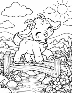 Free printable baby goat coloring page featuring a cute fluffy goat walking across a wooden bridge over a stream with rolling hills and a sunny sky.