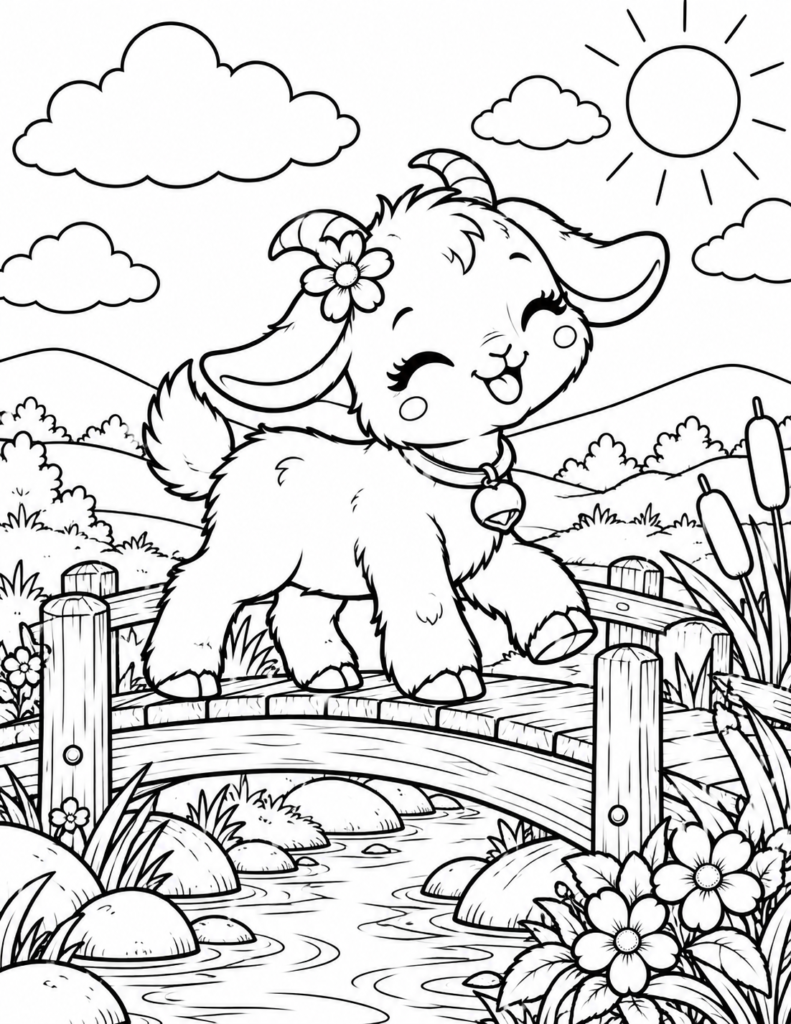 Free printable baby goat coloring page featuring a cute fluffy goat walking across a wooden bridge over a stream with rolling hills and a sunny sky.