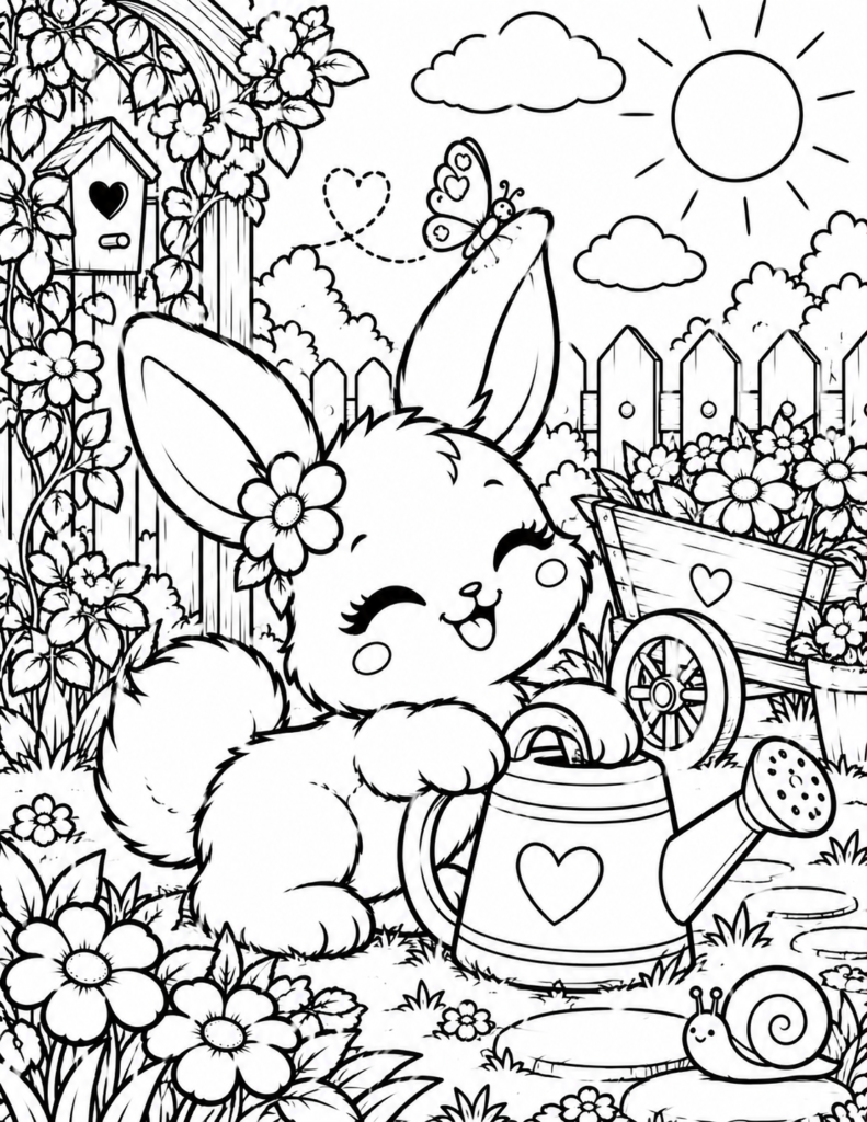 Free printable bunny gardening coloring page featuring a cute fluffy rabbit with a watering can surrounded by flowers, a wheelbarrow, butterfly and snail.