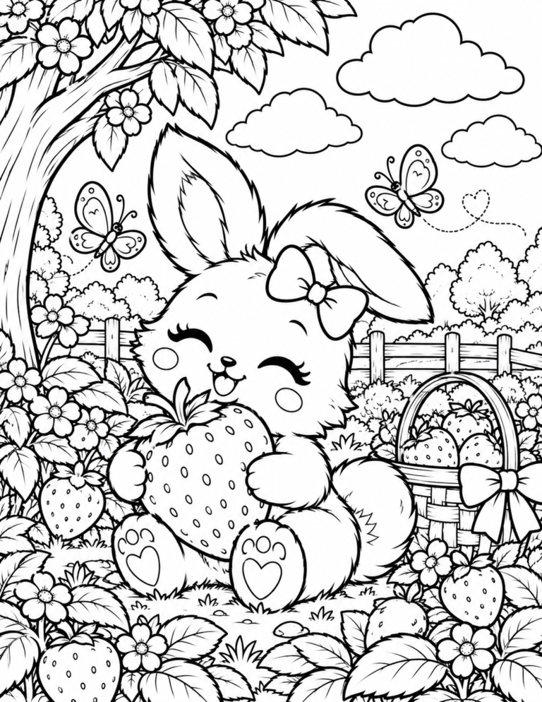 Free printable bunny with strawberry coloring page featuring a cute fluffy rabbit holding a giant strawberry in a garden with flowers, butterflies and a basket of berries.
