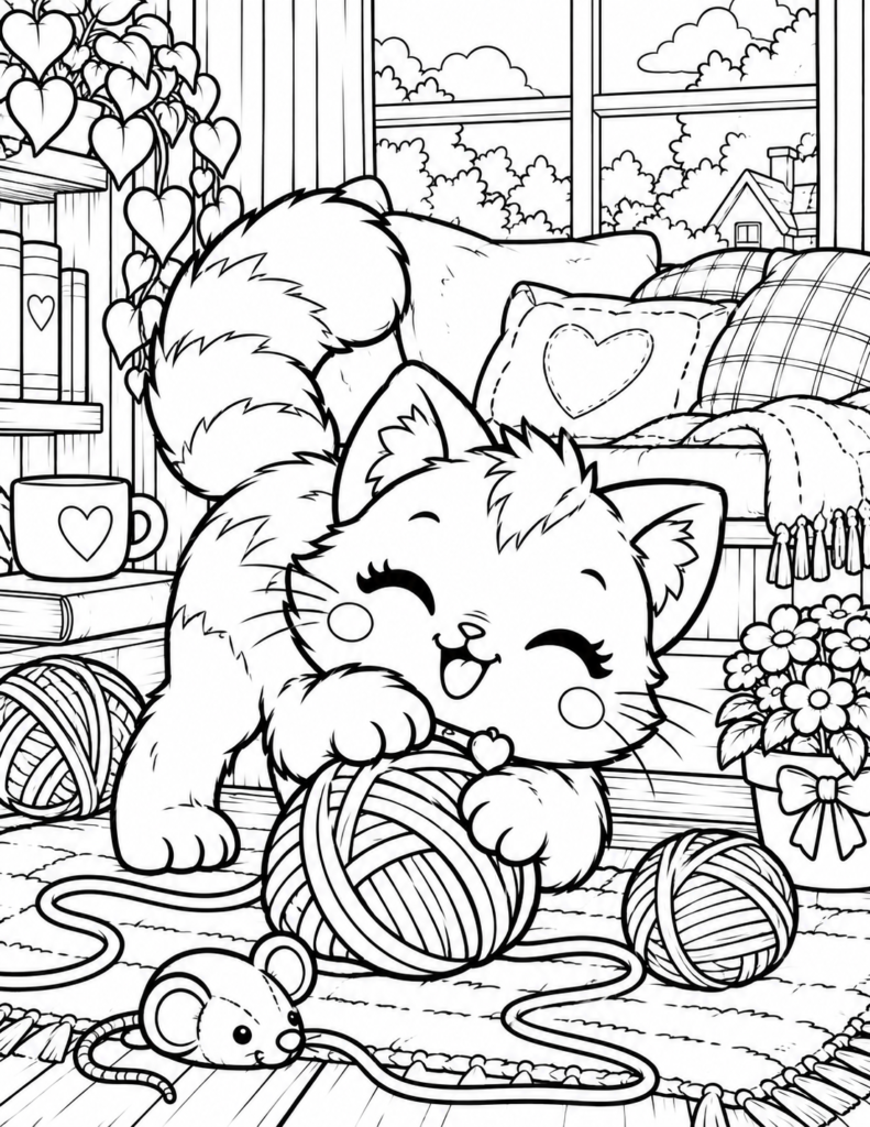 Free printable cat playing with yarn coloring page featuring a fluffy kitten with yarn balls in a cozy room with books, cushions, flowers and a toy mouse.
