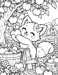 Free printable fox apple picking coloring page featuring a cute fox holding an apple in a countryside orchard with apple baskets and an apple tree.