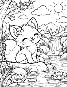 Free printable fox coloring page featuring a cute fluffy fox sitting beside a woodland stream with a waterfall, water lilies, mountains and pine trees.