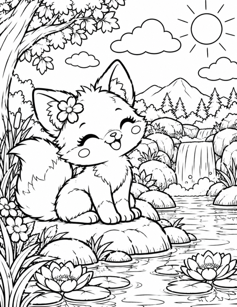Free printable fox coloring page featuring a cute fluffy fox sitting beside a woodland stream with a waterfall, water lilies, mountains and pine trees.