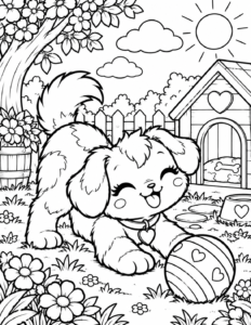 Free printable puppy playing with a ball coloring page featuring a cute fluffy dog, heart-patterned ball, doghouse and backyard garden.