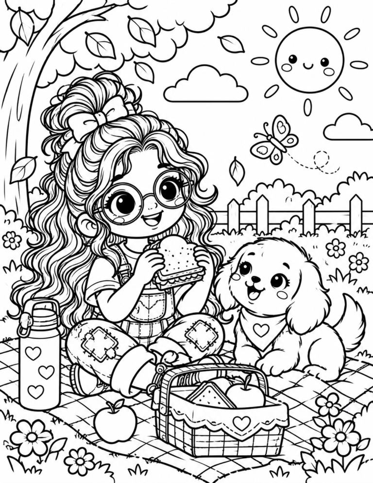 Free printable girl and puppy picnic coloring page featuring a cute girl eating a sandwich with her puppy, picnic basket, apples, flowers and butterfly.