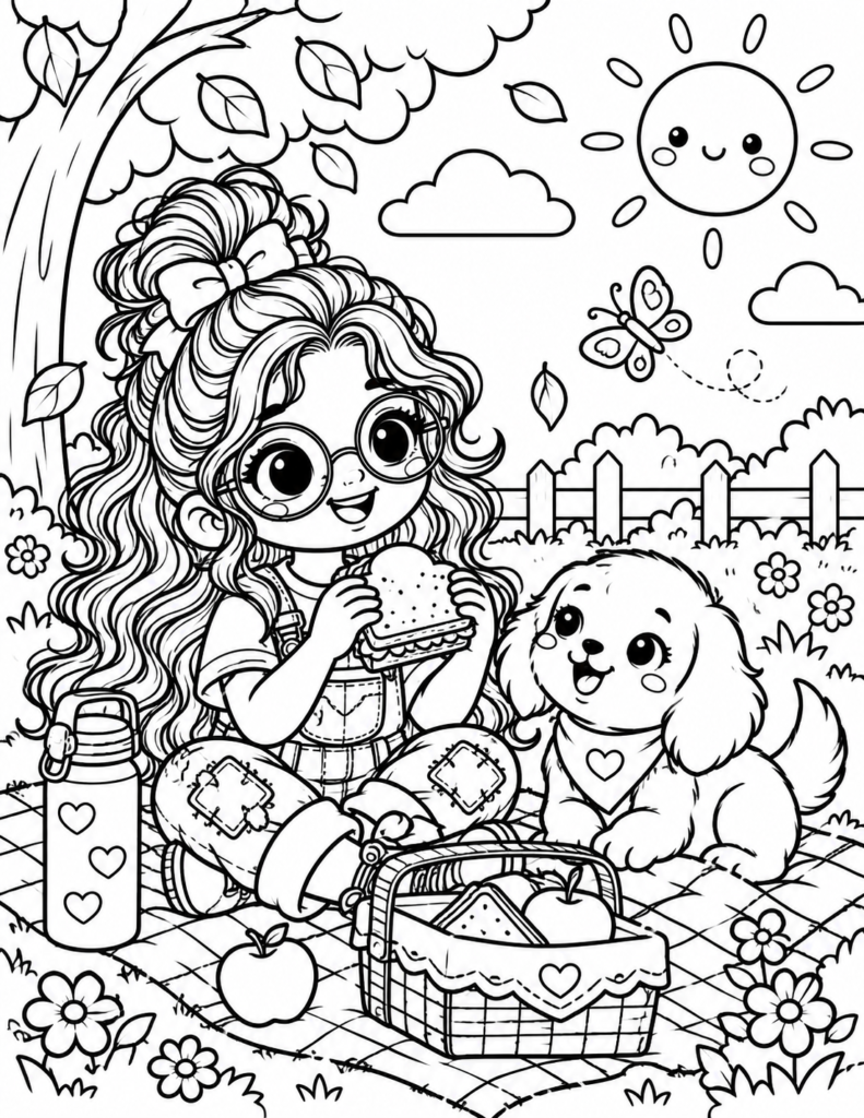 Free printable girl and puppy picnic coloring page featuring a cute girl eating a sandwich with her puppy, picnic basket, apples, flowers and butterfly.