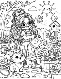 Free printable girl gardening with her cat coloring page featuring a girl watering flowers with a fluffy cat, wheelbarrow, birdhouse and garden tools.