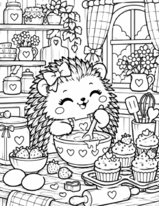 Free printable hedgehog baking cupcakes coloring page featuring a cute hedgehog mixing batter in a cozy kitchen surrounded by cupcakes and baking supplies.