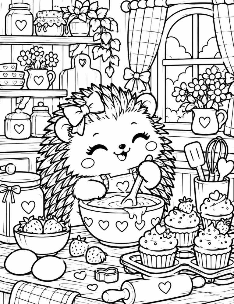 Free printable hedgehog baking cupcakes coloring page featuring a cute hedgehog mixing batter in a cozy kitchen surrounded by cupcakes and baking supplies.