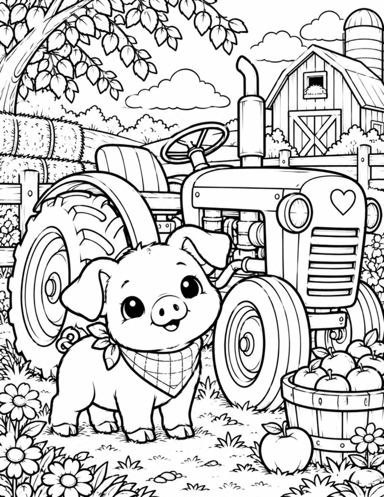Free printable piglet and tractor coloring page featuring a cute baby pig beside a vintage farm tractor with a barn, hay bales, apples and flowers.